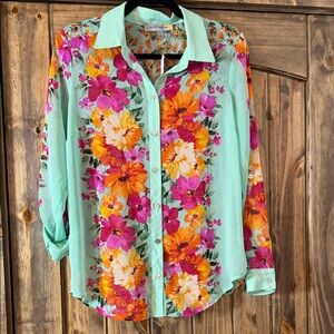 Floral Button-Up Blouse - Mint Green and Multicolor
